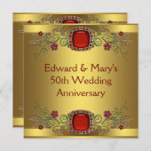Rote Blume Gold 50. Hochzeitstag Party Einladung (Vorne/Hinten)