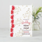 Rote Blume, Gold Blätter Einladung zum Hochzeitsfe (Stehend Vorderseite)
