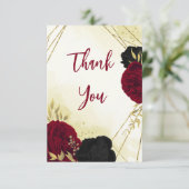 Rote Blume Gold Blätter Hochzeit Dankeskarte (Stehend Vorderseite)