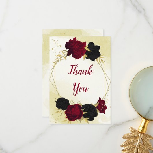 Rote Blume Gold Blätter Hochzeit Dankeskarte (Vorderseite/Rückseite Beispiel)