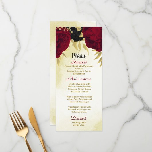 Rote Blume Gold Blätter Hochzeit Menükarte (Vorderseite/Rückseite Beispiel)