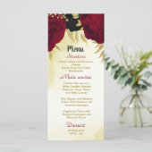 Rote Blume Gold Blätter Hochzeit Menükarte (Stehend Vorderseite)
