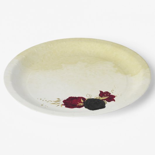 Rote Blume Gold Blätter Hochzeit Pappteller (Schrägansicht)