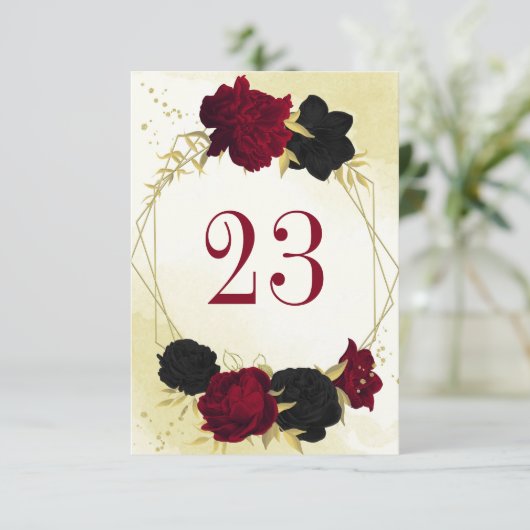 Rote Blume Gold Blätter Hochzeit Tischnummer (Stehend Vorderseite)