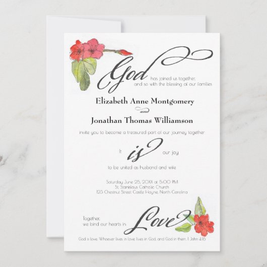 Rote Blume Gott ist Liebe Kalligrafie Religiöse Einladung (Vorderseite)