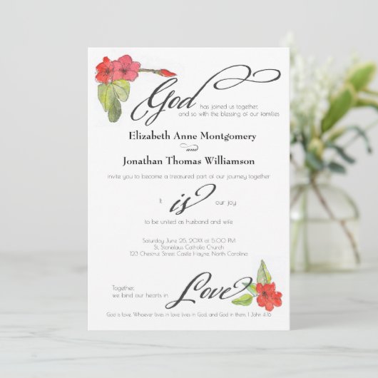 Rote Blume Gott ist Liebe Kalligrafie Religiöse Einladung (Stehend Vorderseite)