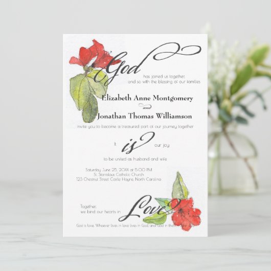 Rote Blume Gott ist Liebe Religiöse Hochzeit Einladung (Stehend Vorderseite)