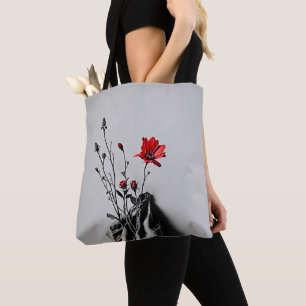 Rote Blume Grau Art Tasche