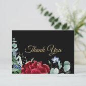 Rote Blume Grün Blätter Golden Frame Black Dankeskarte (Stehend Vorderseite)