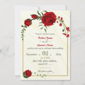 Rote Blume Grün Blätter Goldrahmen Hochzeit Einladung (Vorderseite)