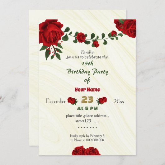 Rote Blume Grüne Blätter Geburtstag Einladung (Vorne/Hinten)