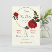 Rote Blume Grüne Blätter Goldkranz Save The Date (Stehend Vorderseite)