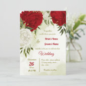 Rote Blume Grüne Blätter Hochzeit Einladung (Stehend Vorderseite)