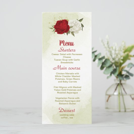 Rote Blume Grüne Blätter Hochzeit Menükarte (Stehend Vorderseite)