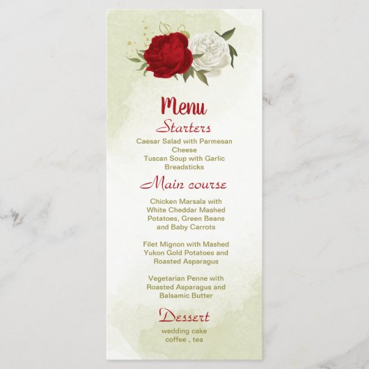 Rote Blume Grüne Blätter Hochzeit Menükarte (Vorderseite)