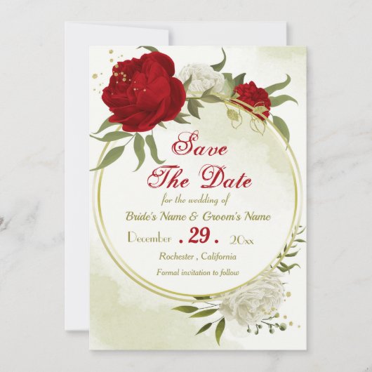 Rote Blume, grüne Blätter Save The Date (Vorderseite)