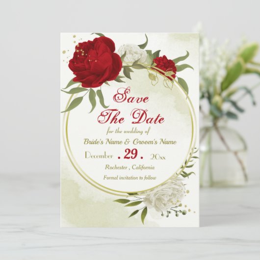 Rote Blume, grüne Blätter Save The Date (Stehend Vorderseite)
