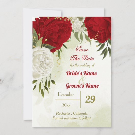 Rote Blume, grüne Blätter Save The Date (Vorderseite)