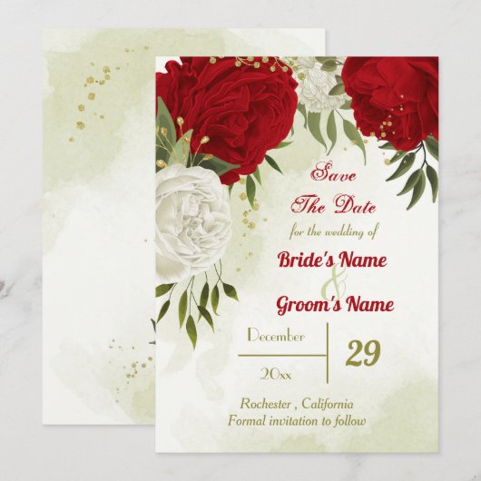 Rote Blume, grüne Blätter Save The Date (Vorne/Hinten)