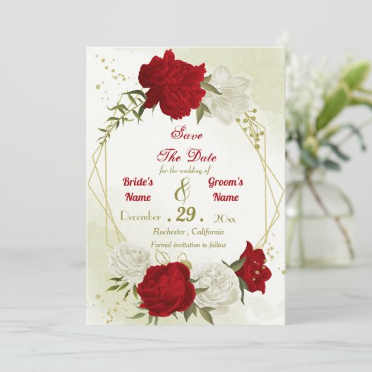 Rote Blume, grüne Blätter Save The Date (Stehend Vorderseite)