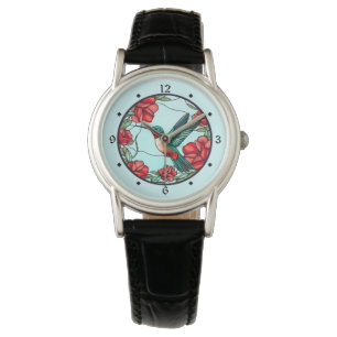 Rote Blume Hummingbird Armbanduhr