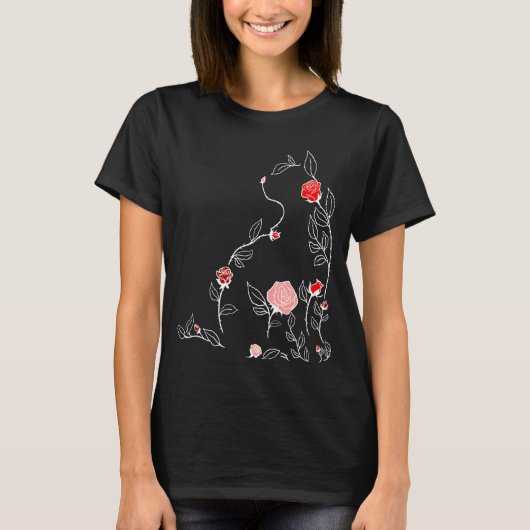 Rote Blume Katze Rotes Grafik T-Shirt (Vorderseite)