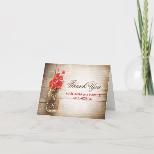 Rote Blume Mason Glas Hochzeit danke Ihnen Karten (Vorderseite)
