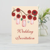 Rote Blume Mason Jars Einladung Hochzeit (Stehend Vorderseite)