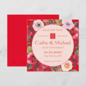 Rote Blume mit Blumenkranz Chinesische Hochzeit Save The Date (Vorne/Hinten)