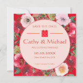 Rote Blume mit Blumenkranz Chinesische Hochzeit Save The Date (Vorderseite)