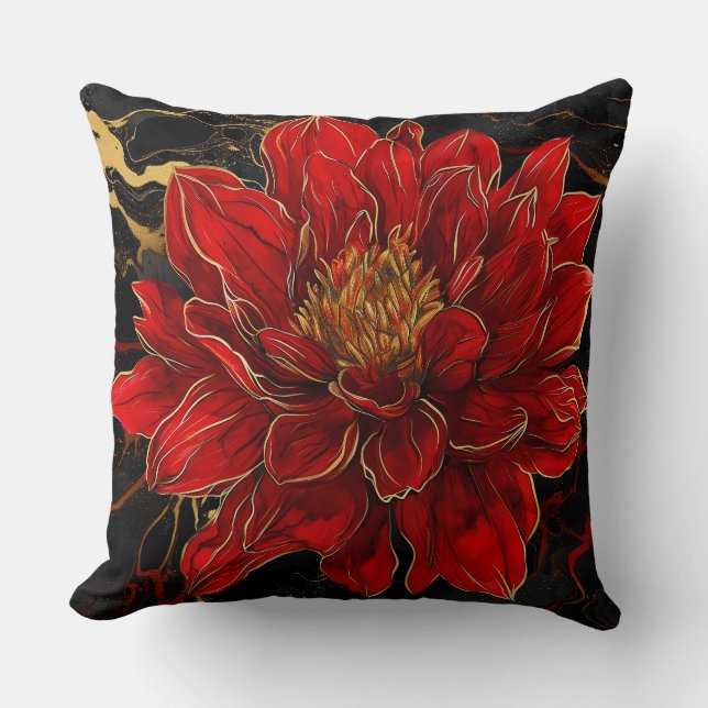Rote Blume mit Gold und Schwarz Kissen (Vorderseite)