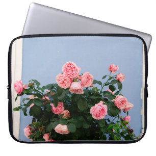 Rote Blume mit grünen Blätter an der blauen Wand Laptopschutzhülle