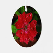 Rote Blume mit Raindrops-Foto Ornament Aus Metall (Vorderseite links)