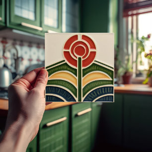 Rote Blume Mitte des Jahrhunderts Symmetrie und Ha Fliese