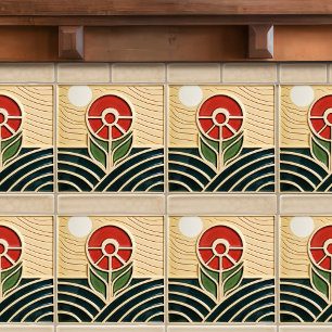Rote Blume Mittelalterliche Symmetrie Kunst und Ha Fliese