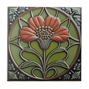 Rote Blume Mittsymmetrie Arts and Crafts Fliese