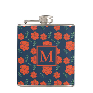 Rote Blume Muster Dunkelblaues Monogramm Flachmann