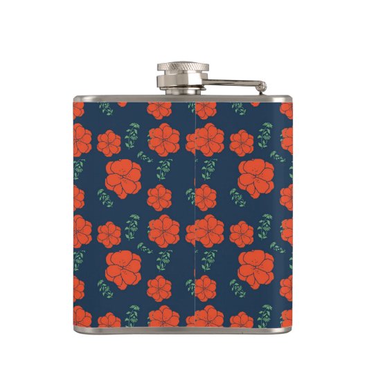 Rote Blume Muster Dunkelblaues Monogramm Flachmann (Rückseite)