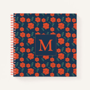 Rote Blume Muster Dunkelblaues Monogramm Notizblock