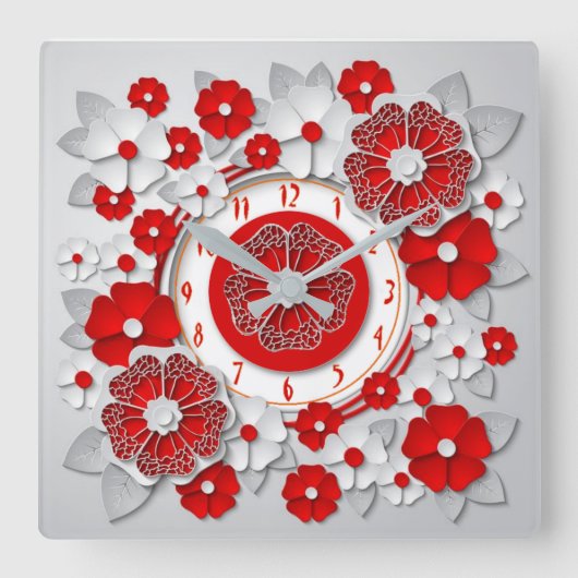 Rote Blume Quadratische Wanduhr (Vorderseite)