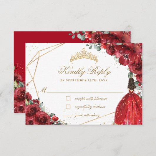 Rote Blume Quinceañera Goldene Prinzessin Krone RSVP Karte (Vorne/Hinten)