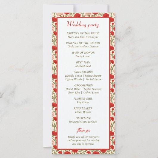 Rote Blume Romantisches Hochzeitsprogramm (Rückseite)