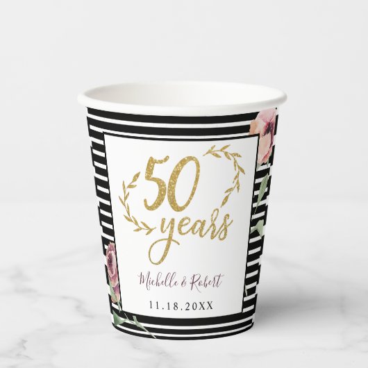 Rote Blume Rose 50 Jubiläum Gold Glitzer Pappbecher (Vorderseite)