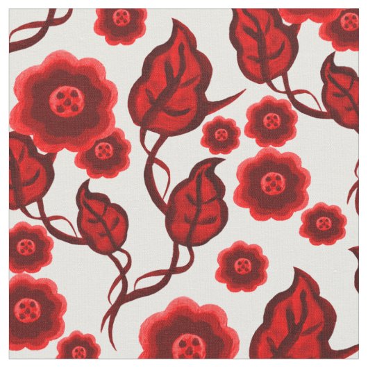 Rote Blume/rote Blätter/Folkloreblume 2 Stoff (Nahaufnahme)