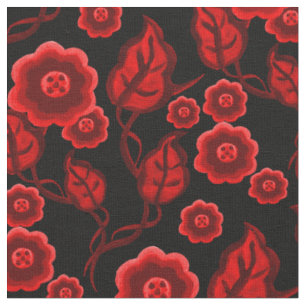 Rote Blume/rote Blätter/Folkloreblume, schwarz Stoff