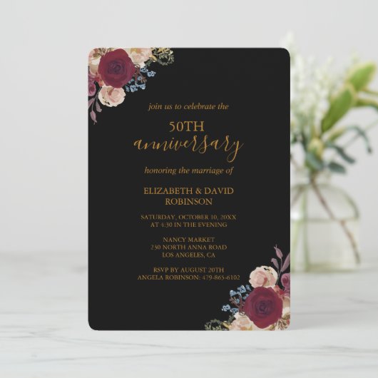 Rote Blume Schwarze 50. Jubiläumsfeier Einladung (Stehend Vorderseite)