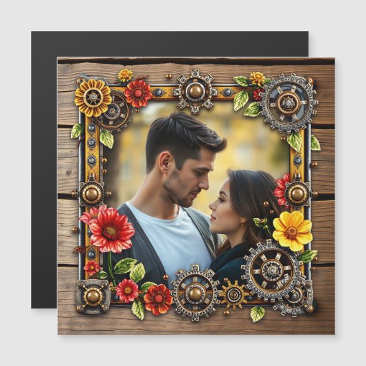 Rote Blume Steampunk Personalisiertes Foto Magneteinladung (Vorne/Hinten)