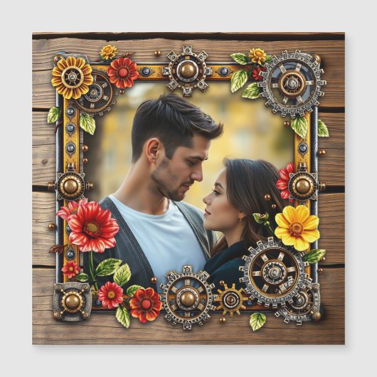 Rote Blume Steampunk Personalisiertes Foto Magneteinladung (Vorderseite)