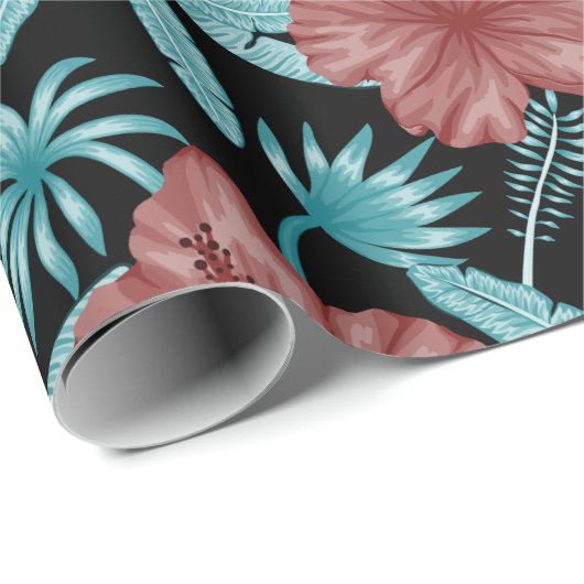 Rote Blume tropisches nahtloses Muster und blaue B Geschenkpapier (Rolleneckpunkt)