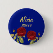 Rote Blume und Blätter blau Button (Vorderseite)